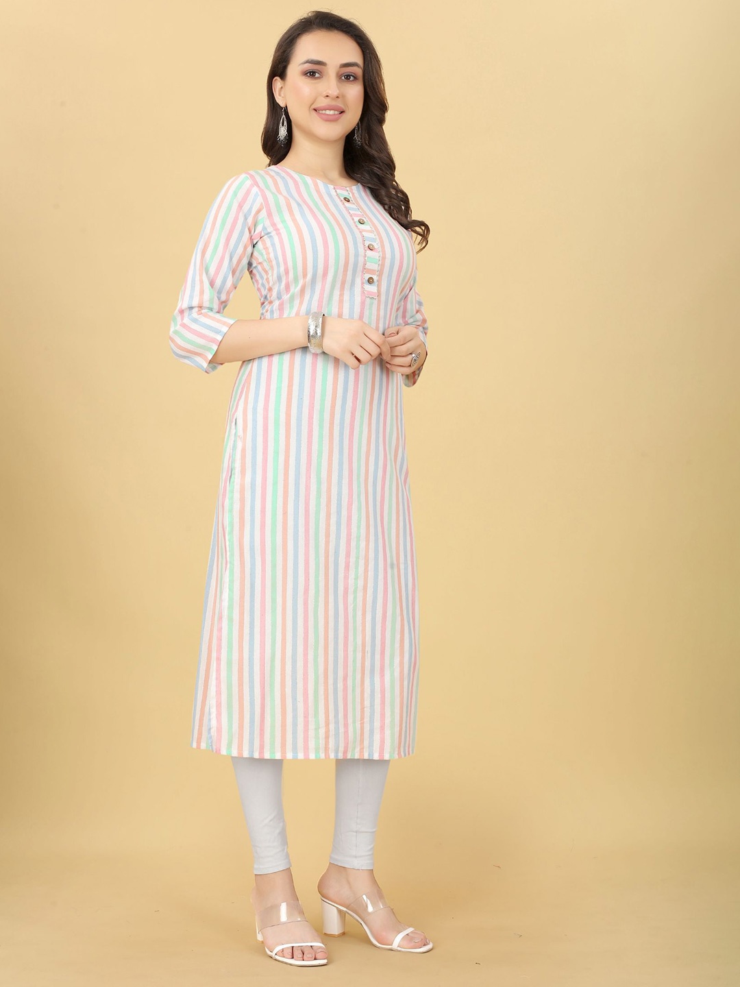 

Ijya Striped Printed Gotta Patti Detail Cotton Straight Kurta, White