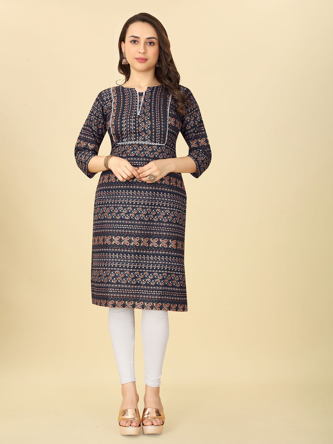 

Ijya Paisley Printed Straight Kurta, Navy blue