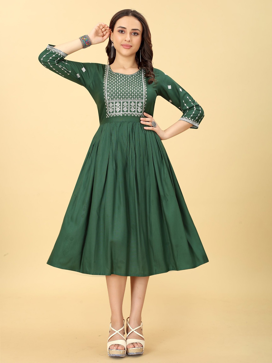 

Ijya Sequined Detail Fit & Flare Ethnic Midi Dress, Green