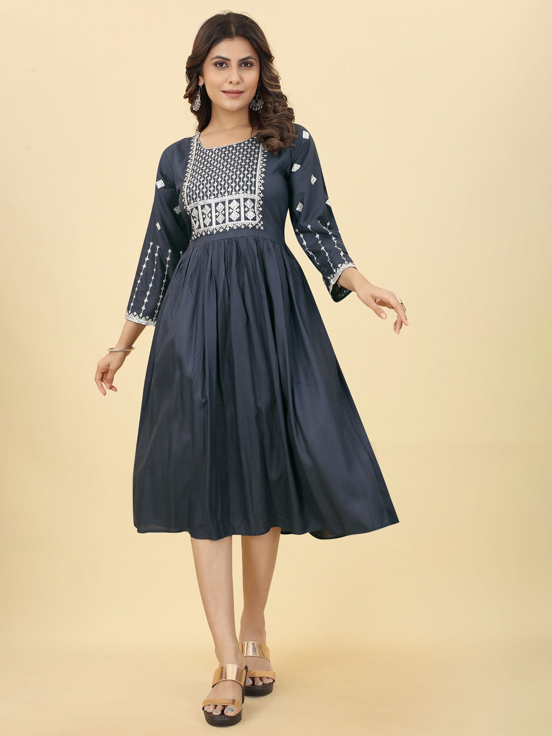 

Ijya Sequined Detail Fit & Flare Ethnic Midi Dress, Grey