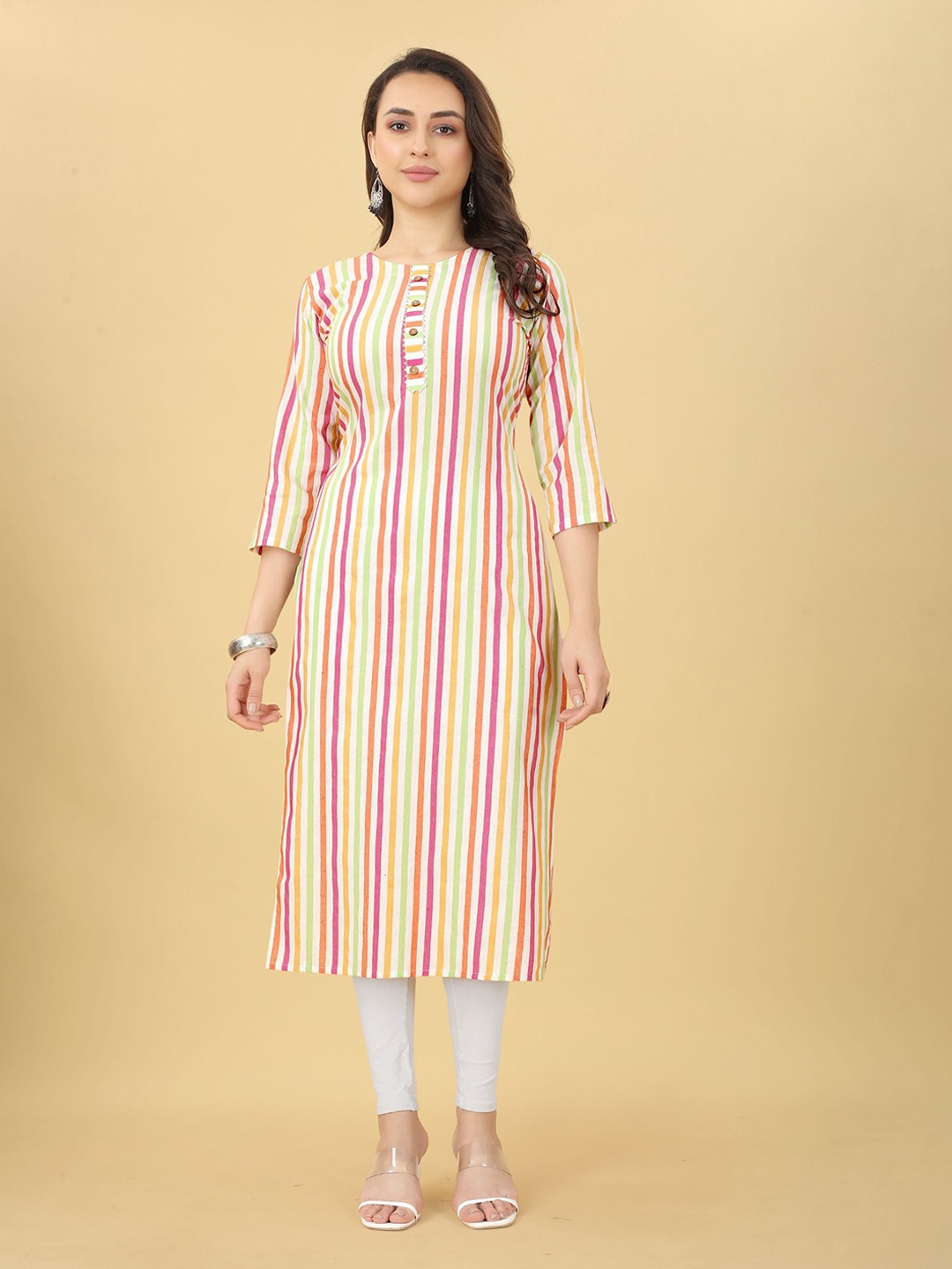 

Ijya Striped Printed Gotta Patti Detail Cotton Straight Kurta, White