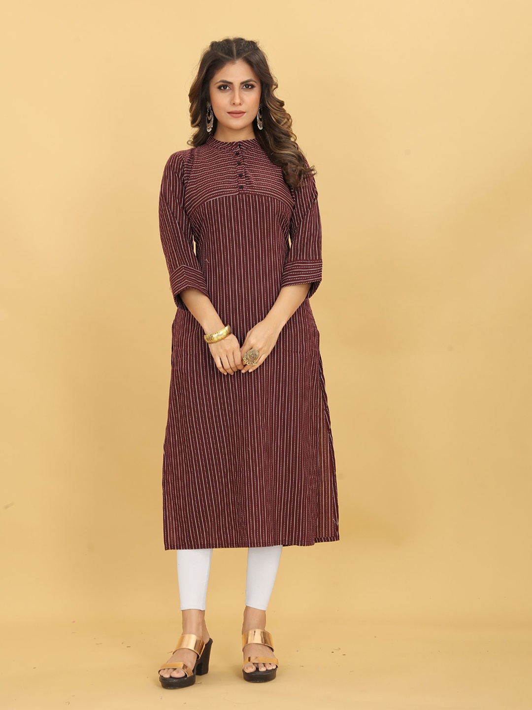 

Ijya Women Striped Printed Band Collar Stright Kurta, Maroon