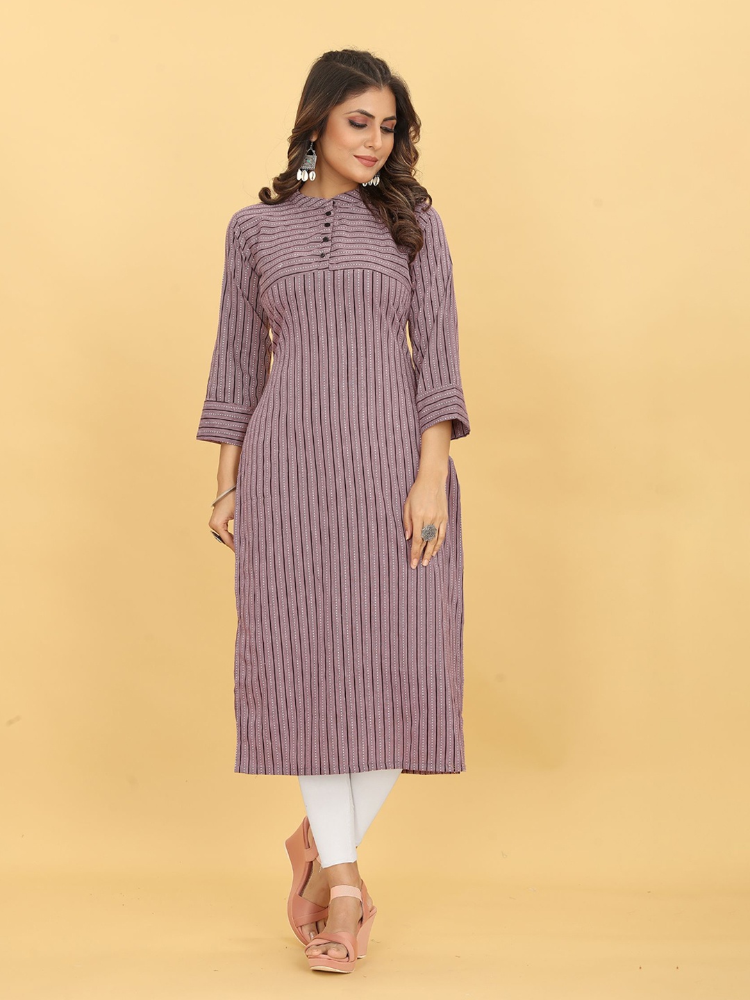 

Ijya Women Striped Printed Band Collar Stright Kurta, Purple