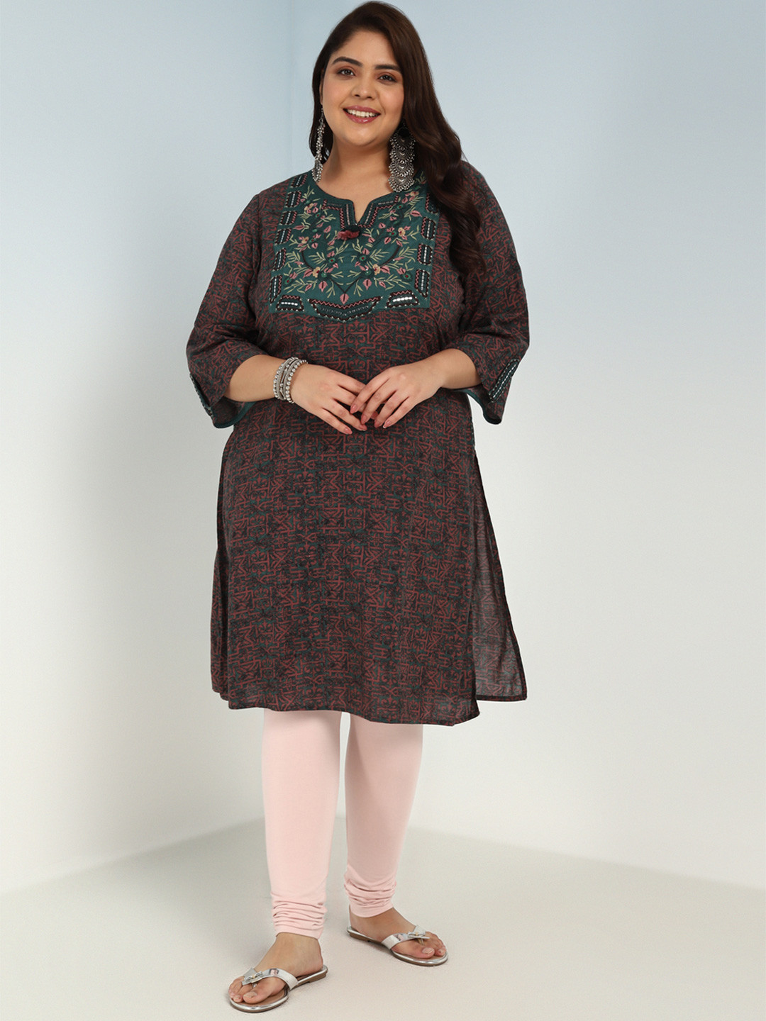 

Lakshita Plus Size Ethnic Motifs Printed Sequinned Straight Kurta, Green