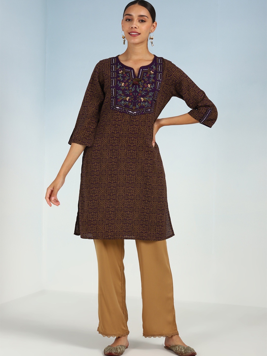 Lakshita Ethnic Motifs Printed Thread Work Regular Georgette Kurta, Purple