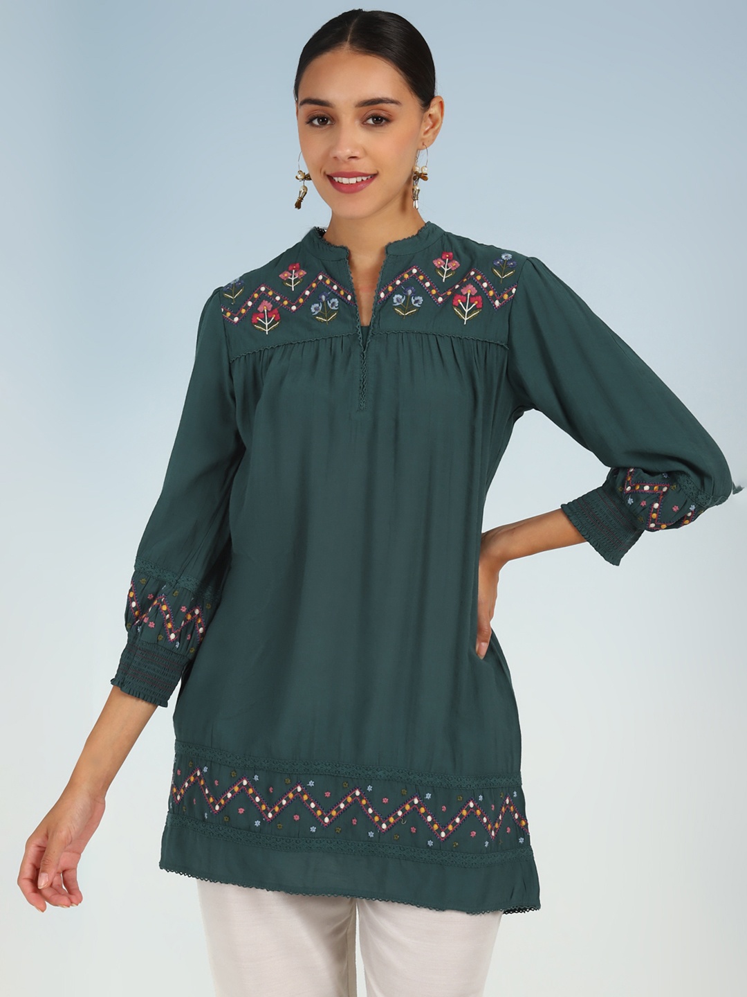 Lakshita Floral Embroidered Thread Work A Line Kurti, Green