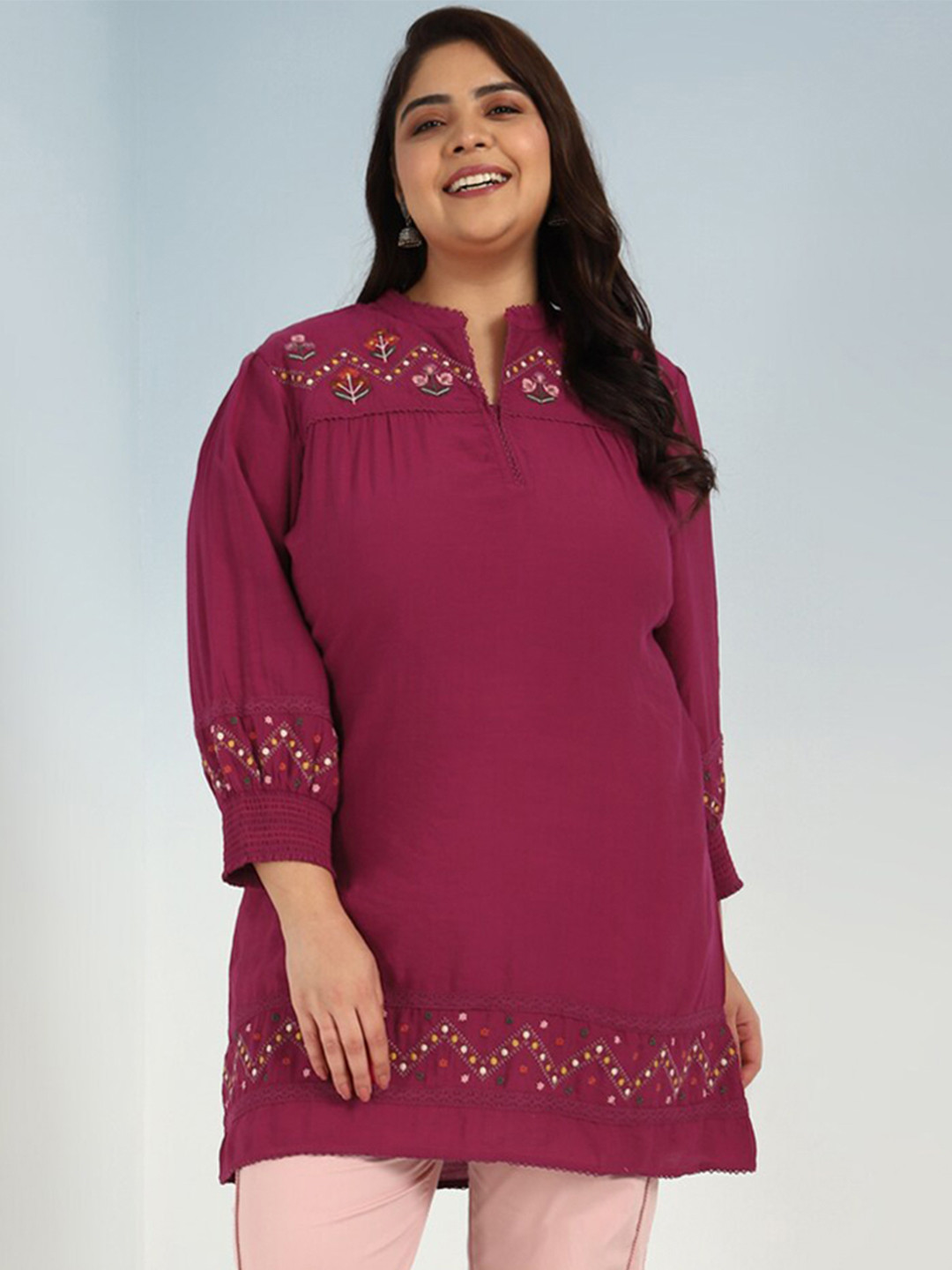 

Lakshita Plus Size Floral Embroidered Thread Work A Line Kurti, Red