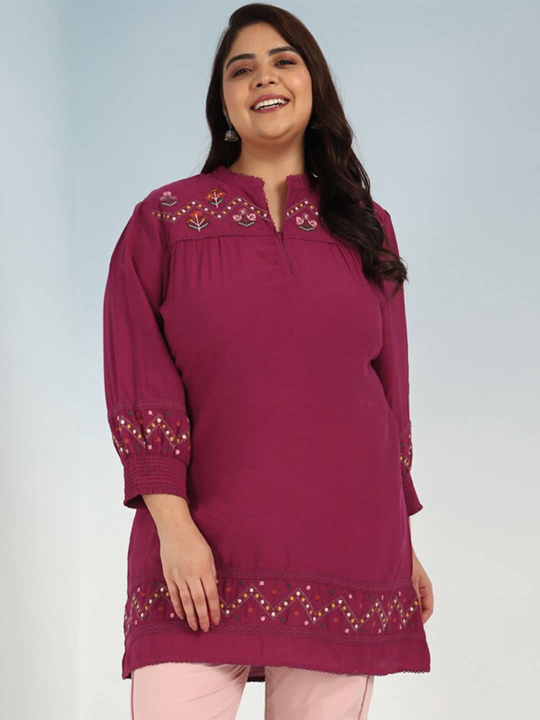 

Lakshita Plus Size Floral Embroidered Thread Work A Line Kurti, Red