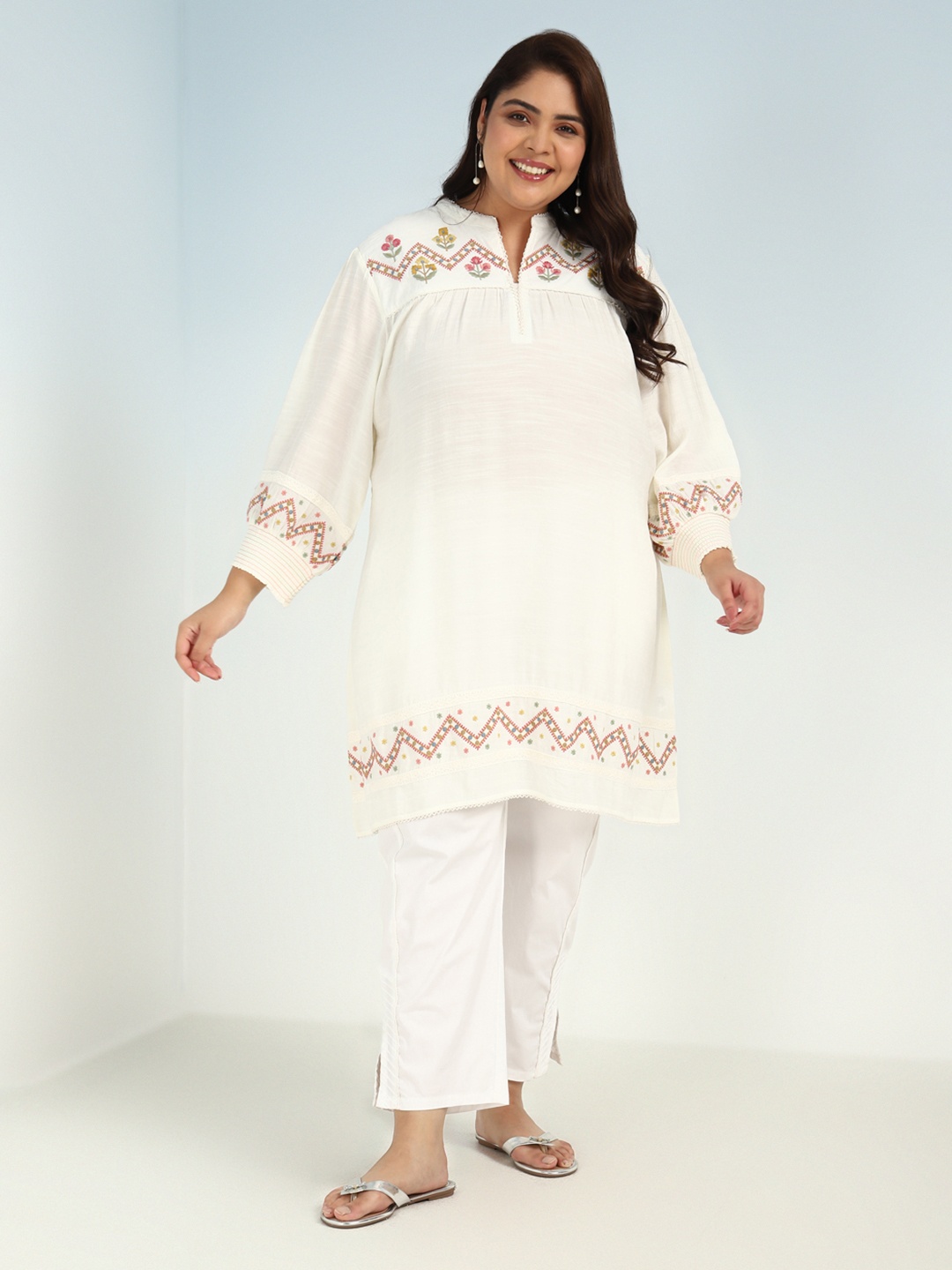 

Lakshita Plus Size Floral Embroidered Mandarin Collar Thread Work A-Line Kurta, Off white