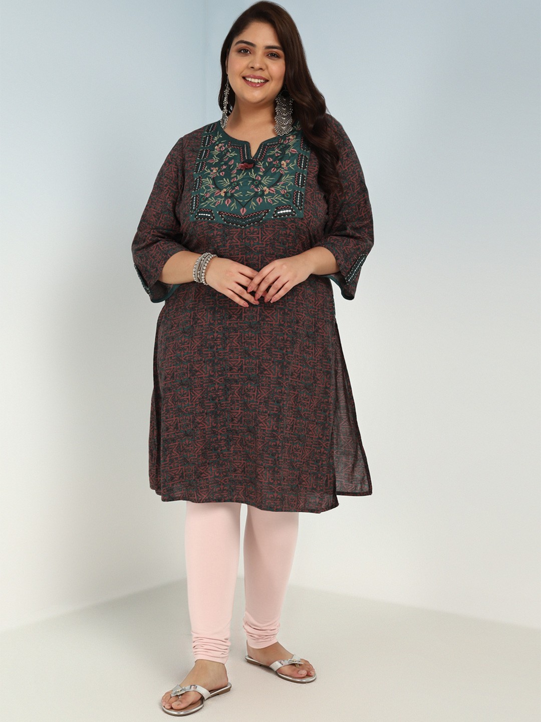 

Lakshita Plus Size Ethnic Motifs Printed Thread Work Detail Cotton Straight Kurta, Green