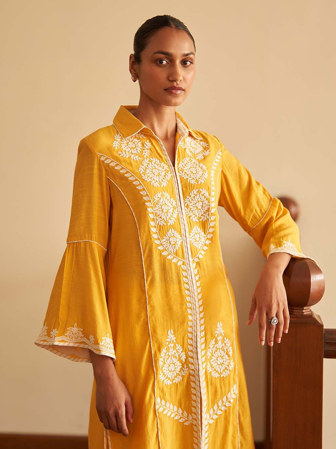 

Lakshita Shirt Collar Embroidered Tunic, Yellow