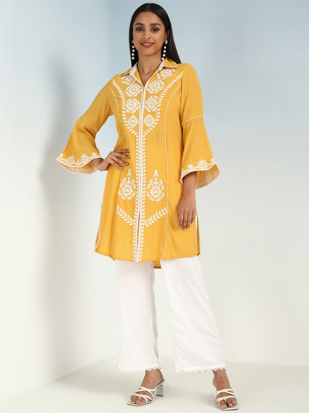 Lakshita Shirt Collar Embroidered Tunic, Yellow