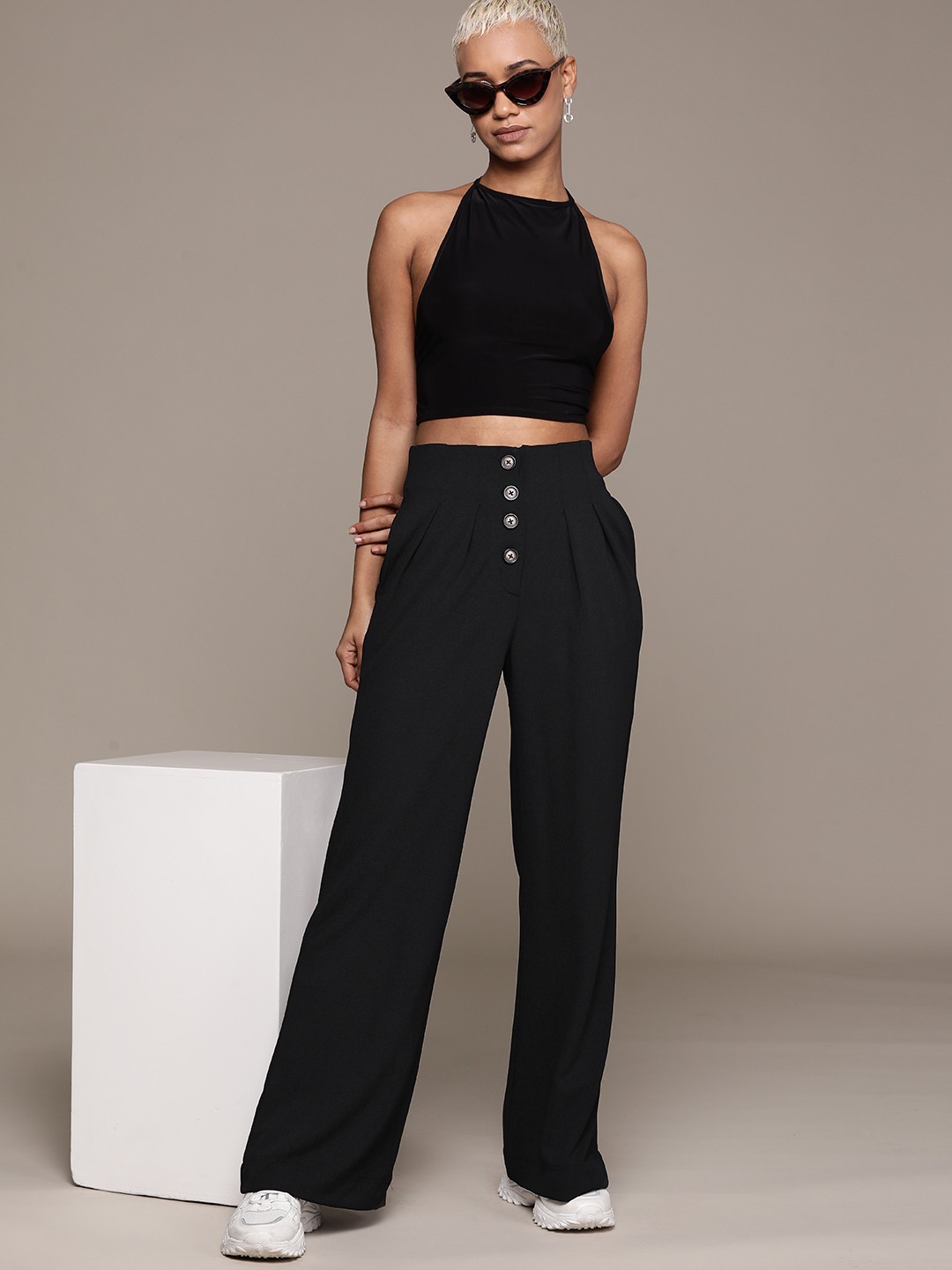 

The Roadster Lifestyle Co. Women Button Detail High Rise Pleated Korean Pants, Black