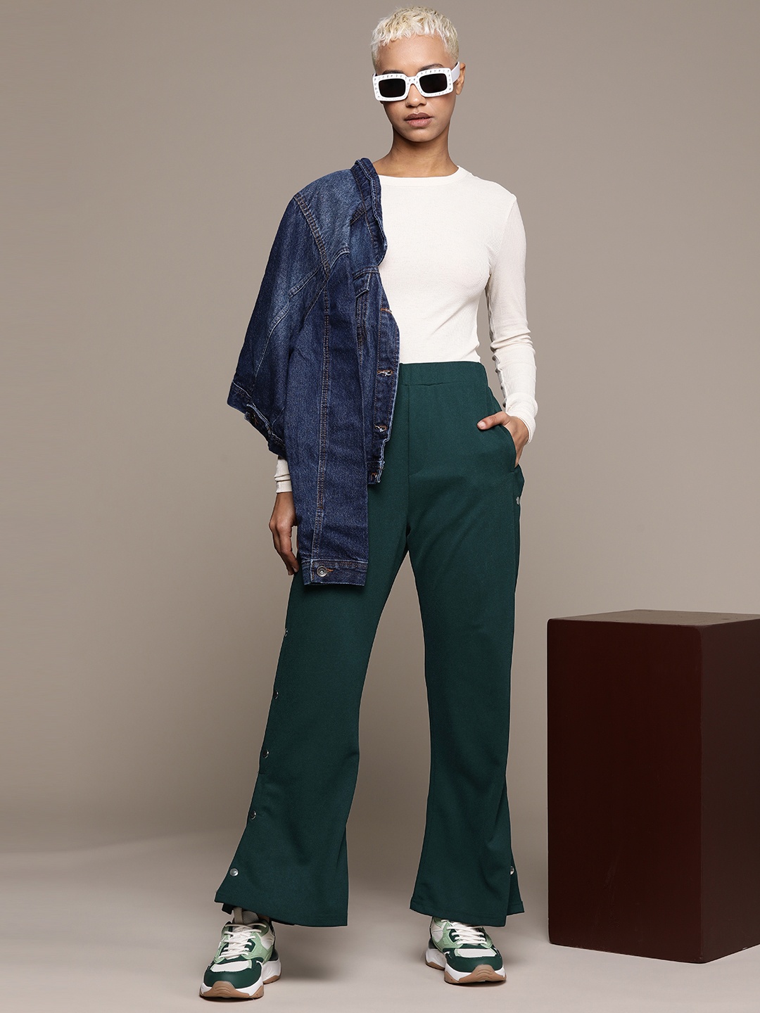 

The Roadster Lifestyle Co. Button Detail Bootcut Trousers, Green