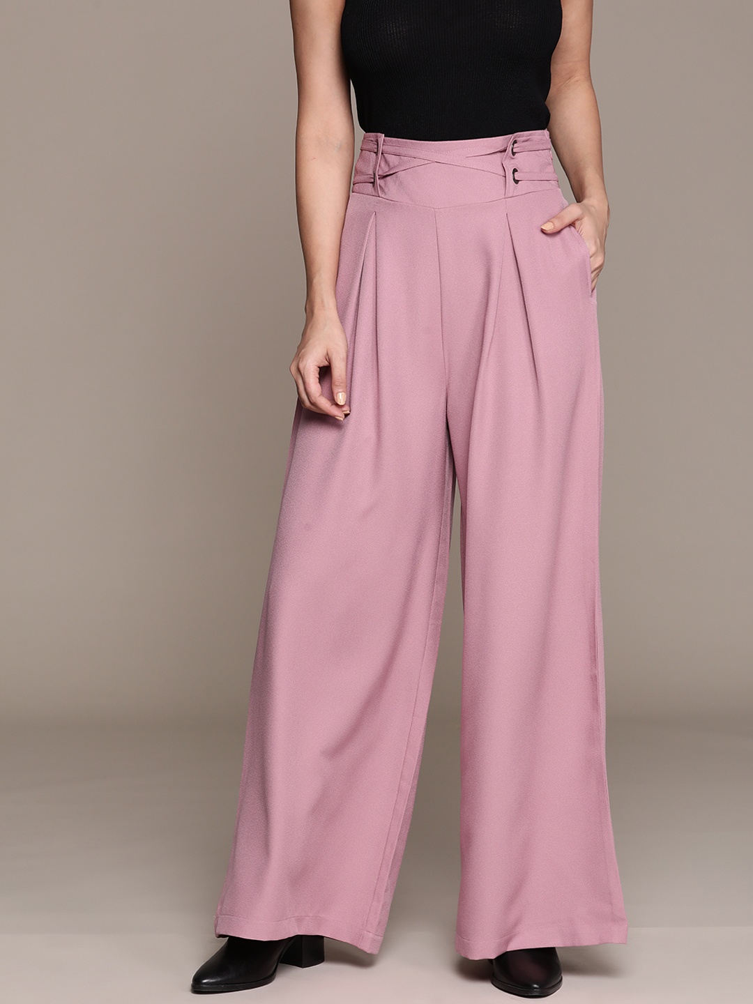 

The Roadster Lifestyle Co. Women High-Rise Pleated Criss-Cross Waist Korean Pants, Rose