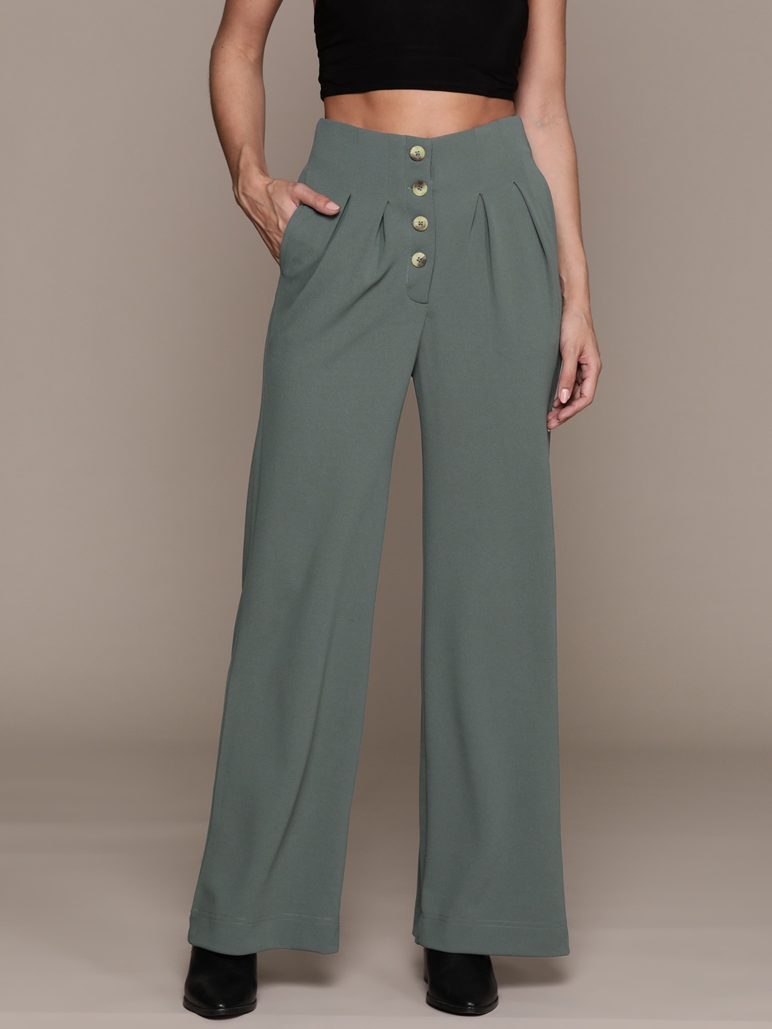 

The Roadster Lifestyle Co. Women Solid High-Rise Pleated Korean Pants, Green