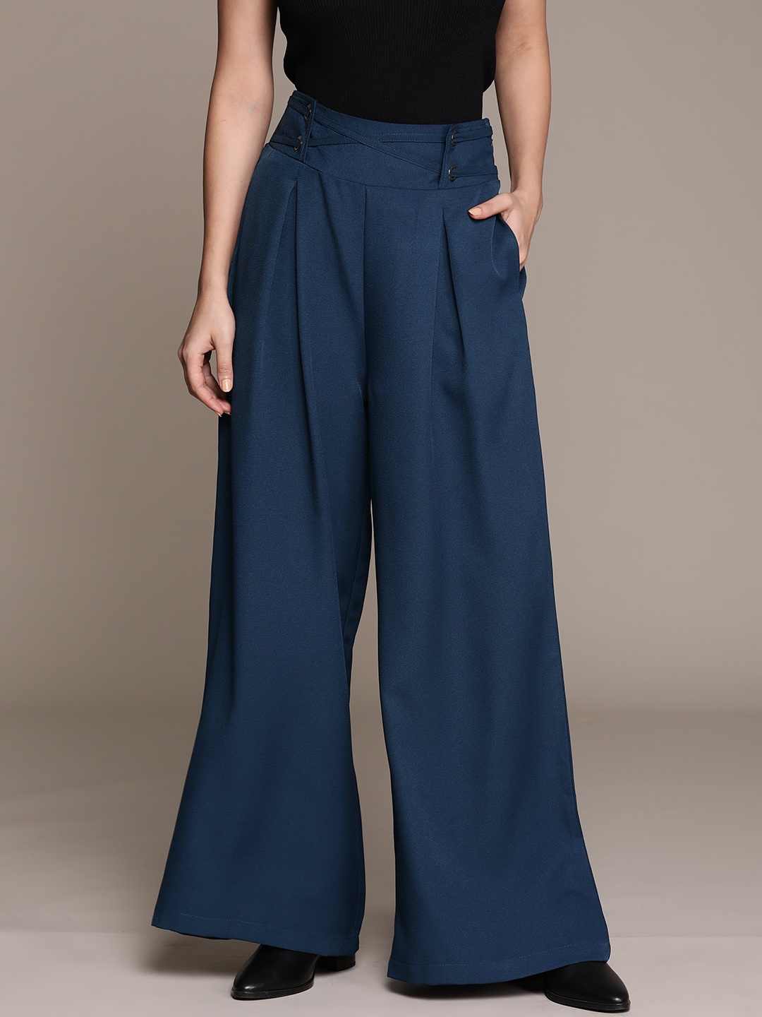 

The Roadster Lifestyle Co. Women High-Rise Pleated Flared Korean Pants, Blue