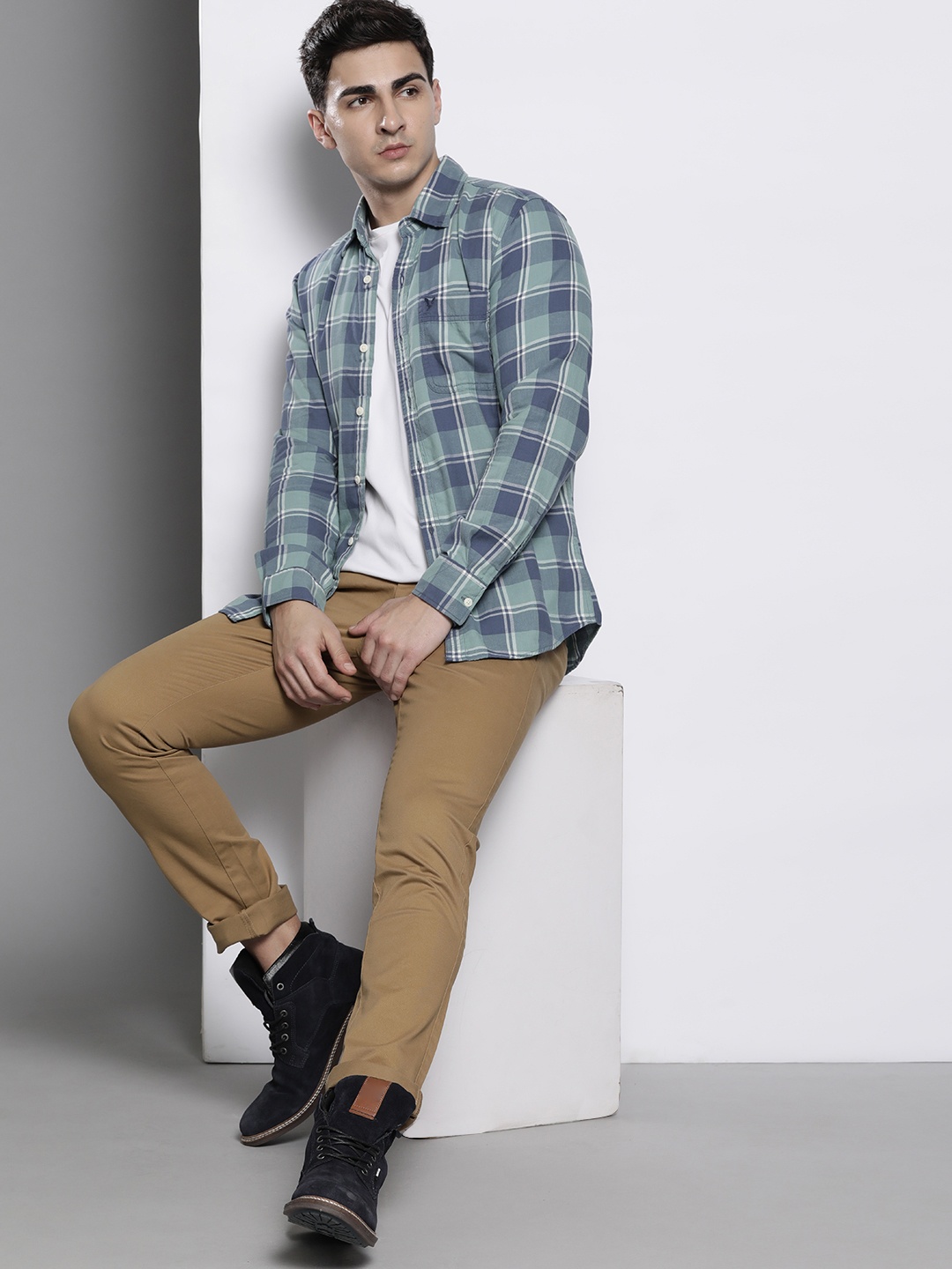 

AMERICAN EAGLE OUTFITTERS Pure Cotton Classic Slim Fit Checked Shirt, Sea green
