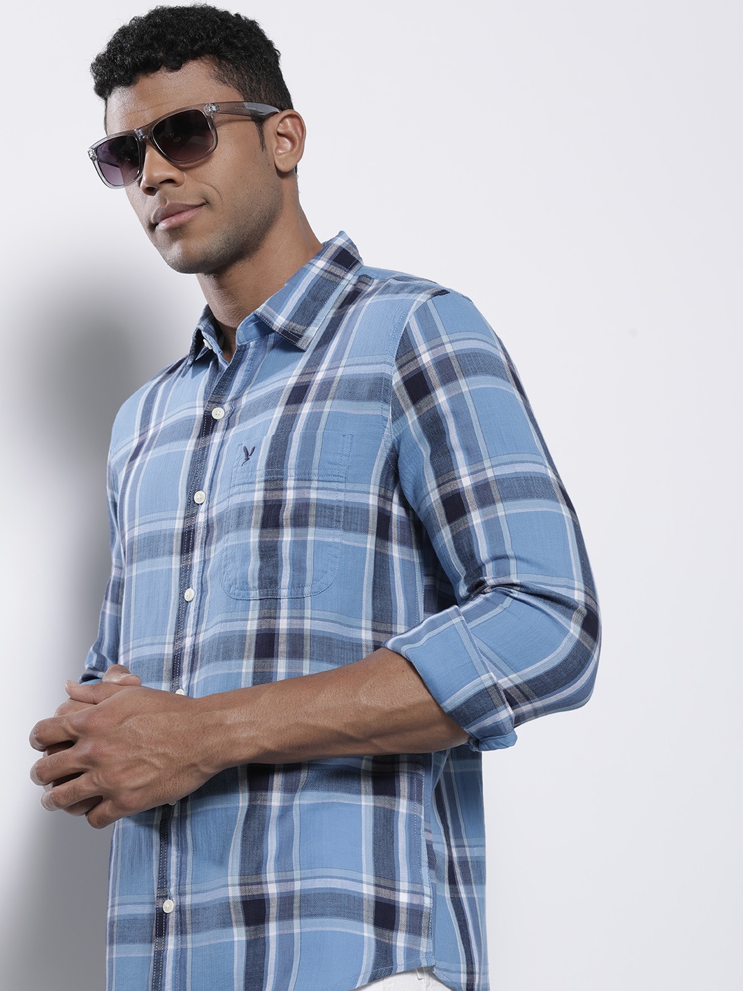 

AMERICAN EAGLE OUTFITTERS Cotton Classic Slim Fit Checked Casual Shirt, Blue