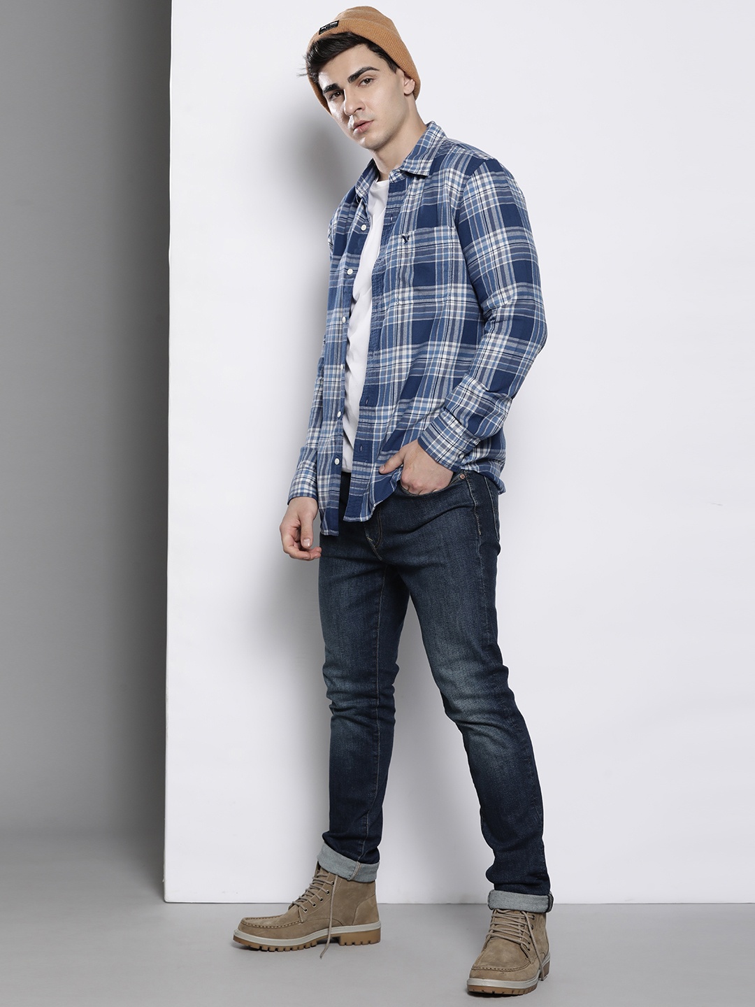 

AMERICAN EAGLE OUTFITTERS Classic Slim Fit Cotton Checked Casual Shirt, Blue