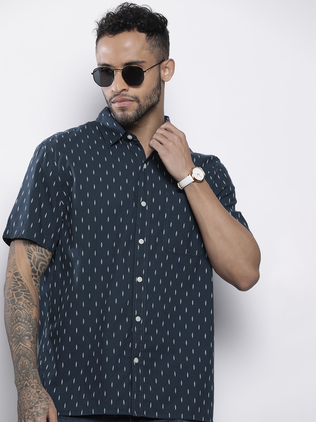 

AMERICAN EAGLE OUTFITTERS Micro Ditsy Design Pure Cotton Shirt, Navy blue