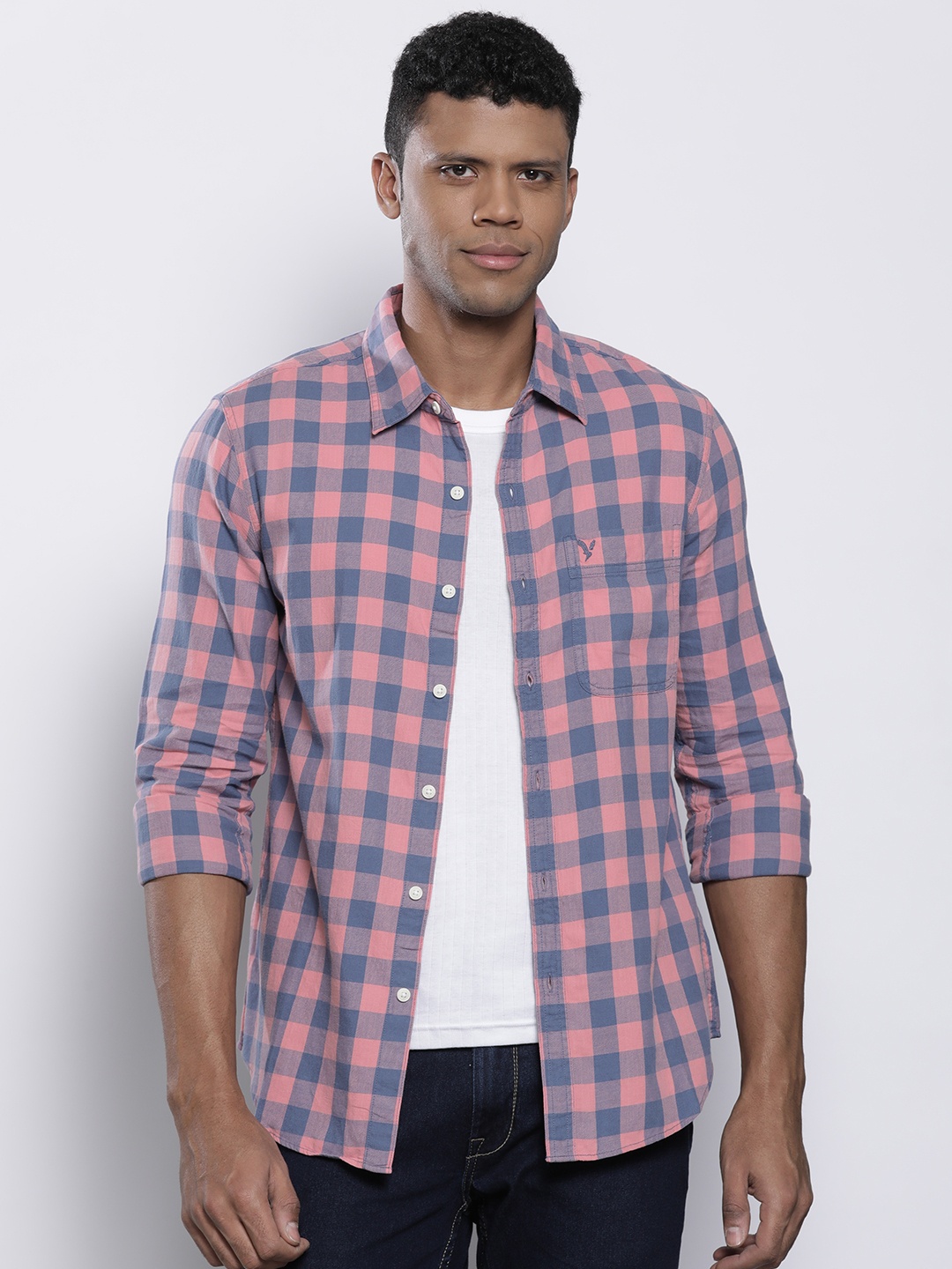 

AMERICAN EAGLE OUTFITTERS Classic Slim Fit Grid Tattersall Checked Cotton Casual Shirt, Pink