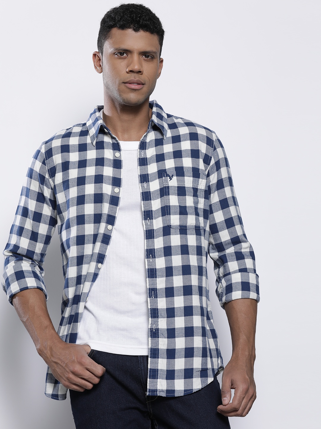 

AMERICAN EAGLE OUTFITTERS Classic Slim Fit Grid Tattersall Checked Cotton Casual Shirt, Navy blue