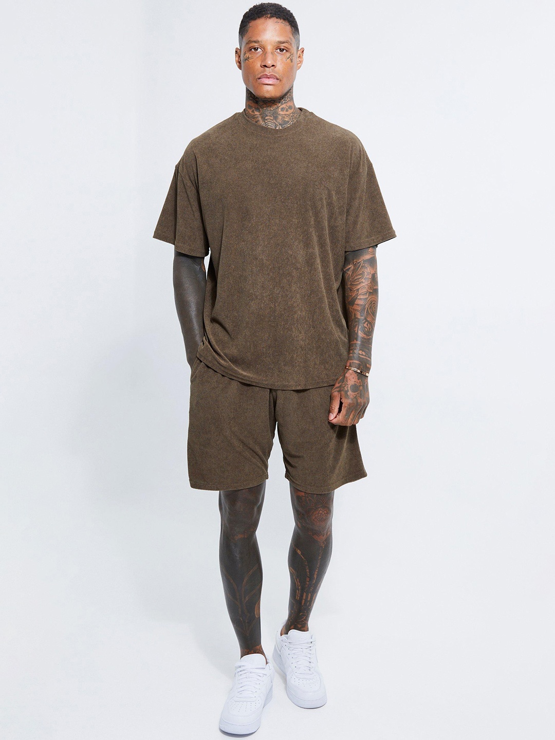 

boohooMAN Towelling Oversized Solid Co-Ords, Brown