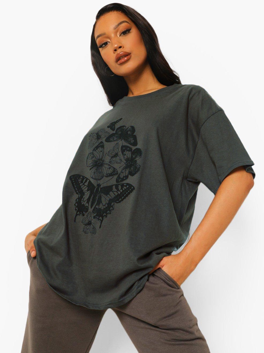 

Boohoo Printed Oversized Pure Cotton T-shirt, Brown