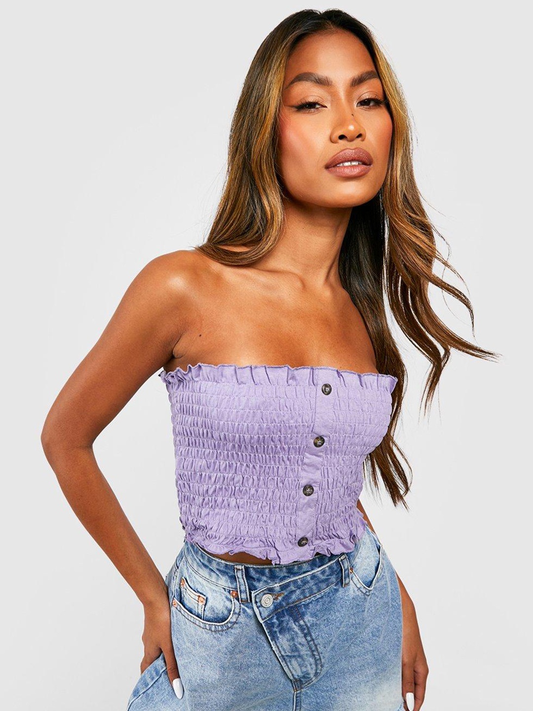 

Boohoo Off-Shoulder Shirred Button Detail Bandeau Crop Top, Lavender