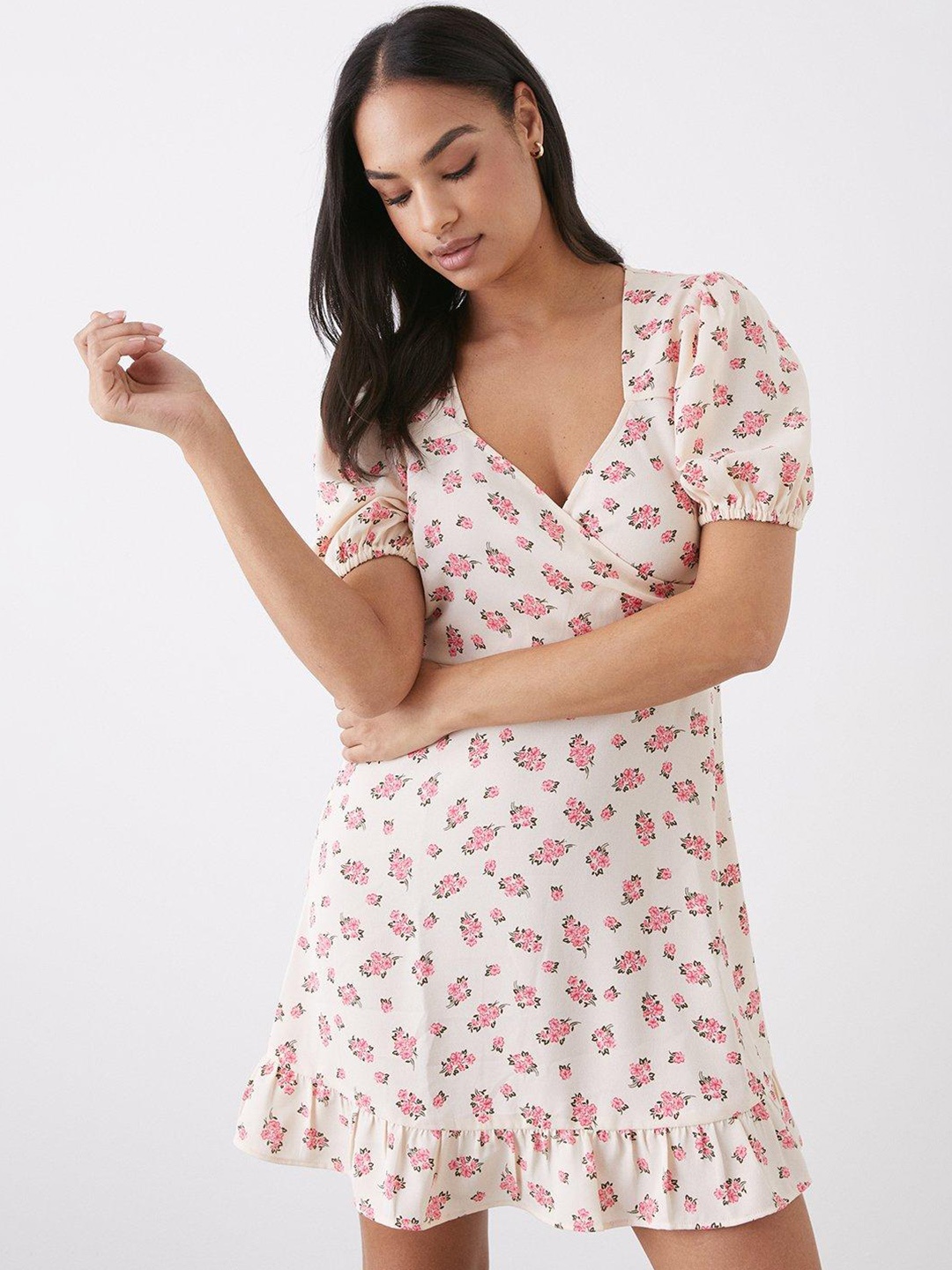 

DOROTHY PERKINS Floral Print Puff Sleeves Wrap Style Mini Dress, Cream