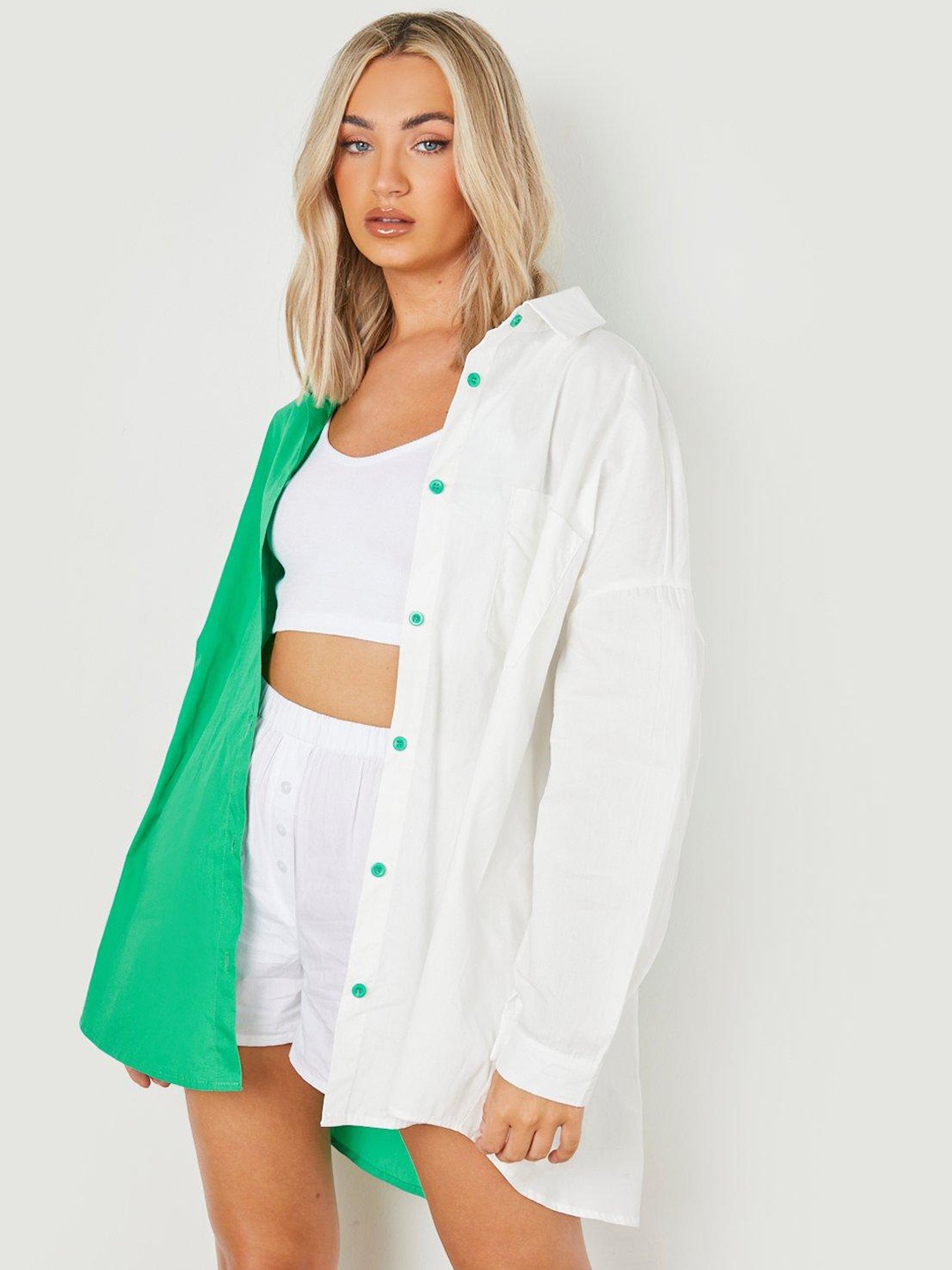

Boohoo Colourblocked Pure Cotton Oversized High-Low Hem Shirt, White