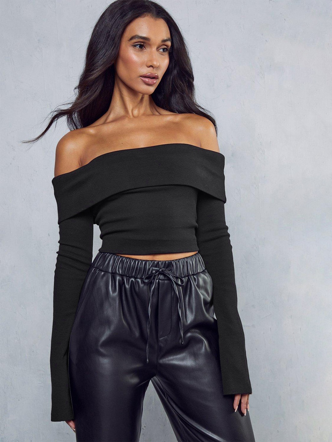 

MISSPAP Ribbed Off-Shoulder Bardot Top, Black