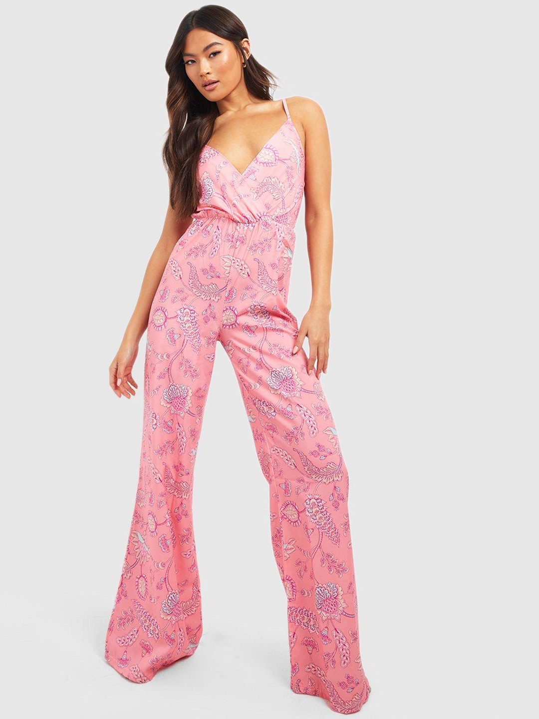 

Boohoo Paisley Print Strappy Wrap Jumpsuit, Pink