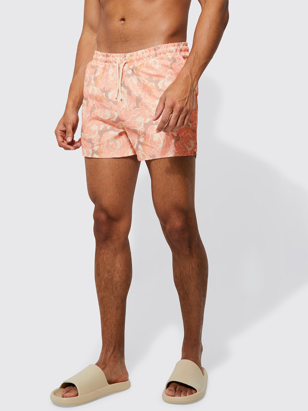 

boohooMAN Printed Swim Shorts, Peach