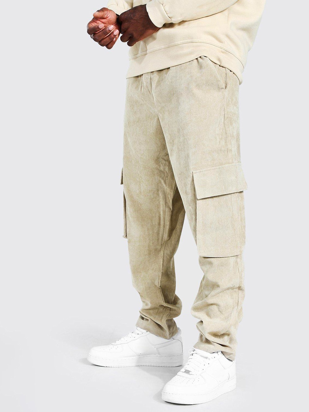 

boohooMAN Straight Fit Corduroy Cargos, Beige