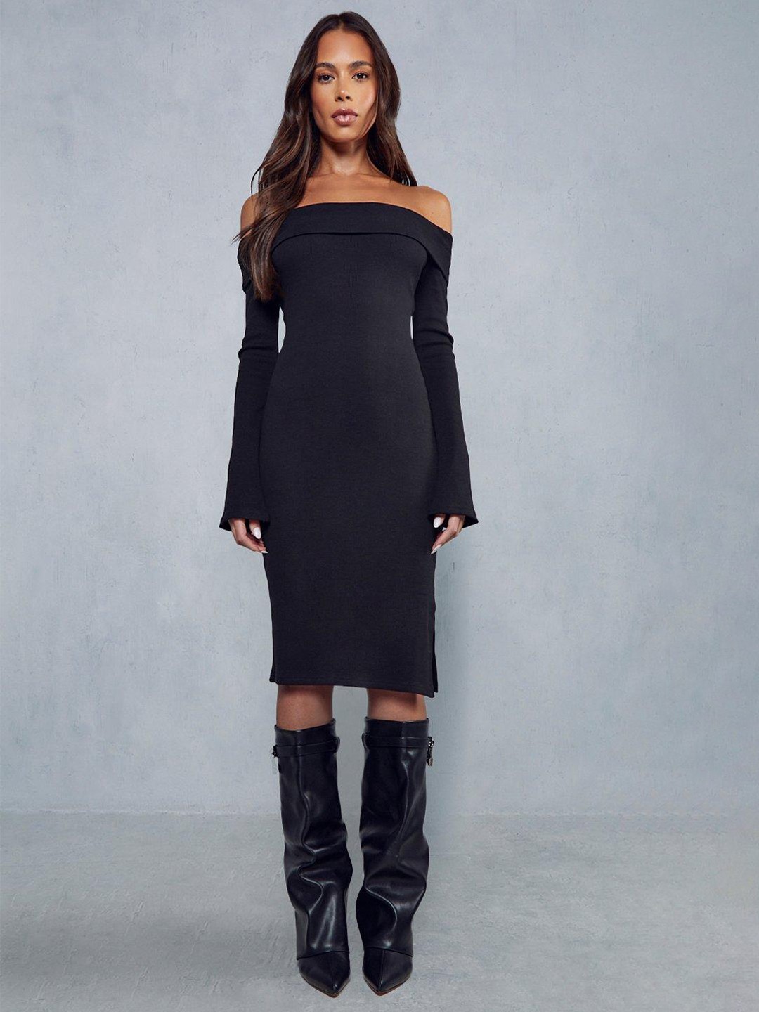 

MISSPAP Ribbed Off-Shoulder Bodycon Midi Dress, Black