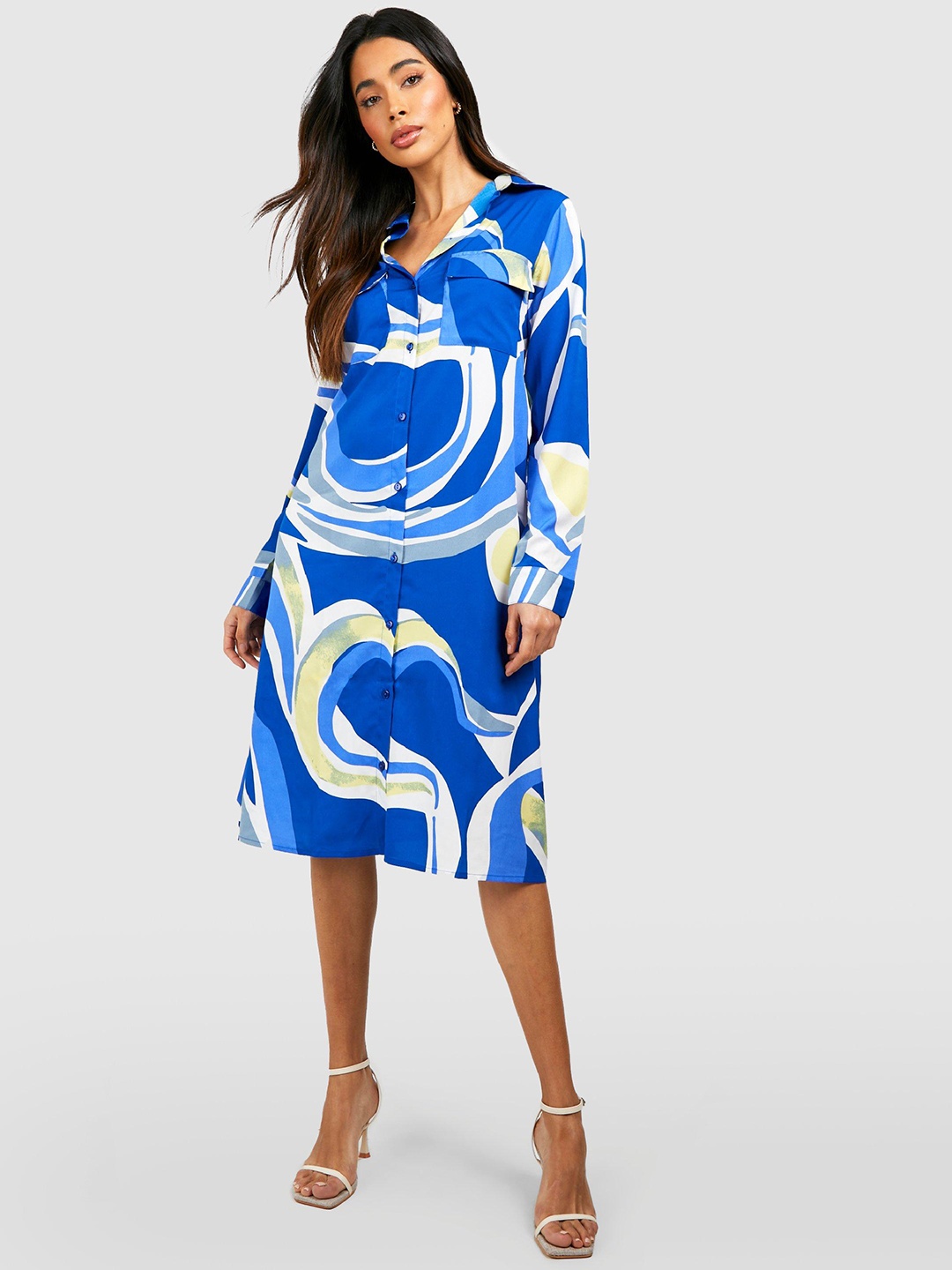 

Boohoo Cotton Printed Midi Shirt Dress, Blue