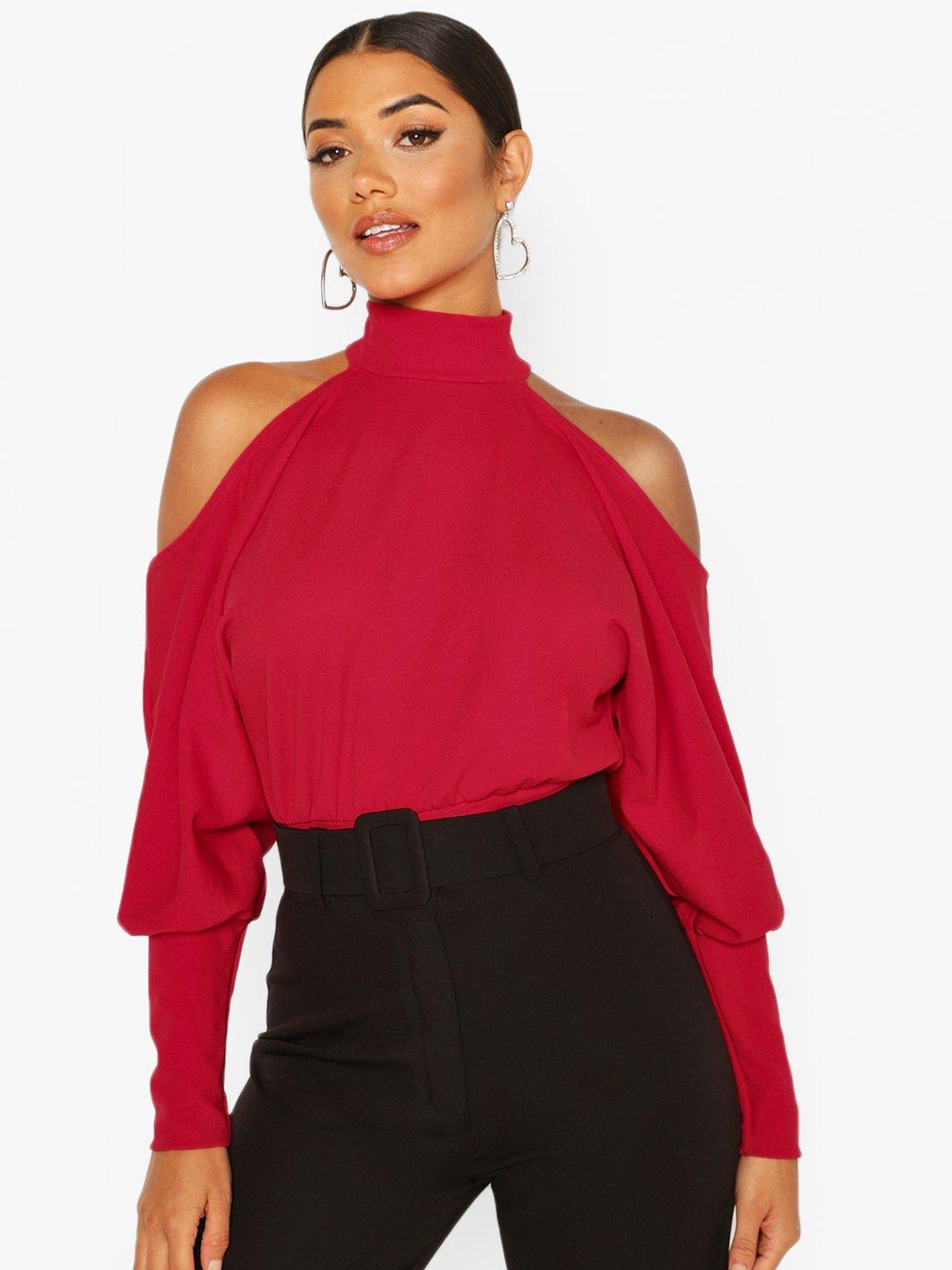 

Boohoo High-Neck Cold-Shoulder Sleeves Blouson Top, Red