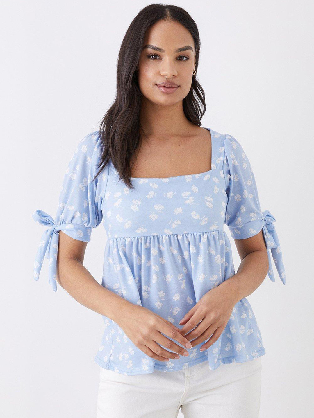 

DOROTHY PERKINS Floral Print Puff Sleeve Peplum Top, Blue