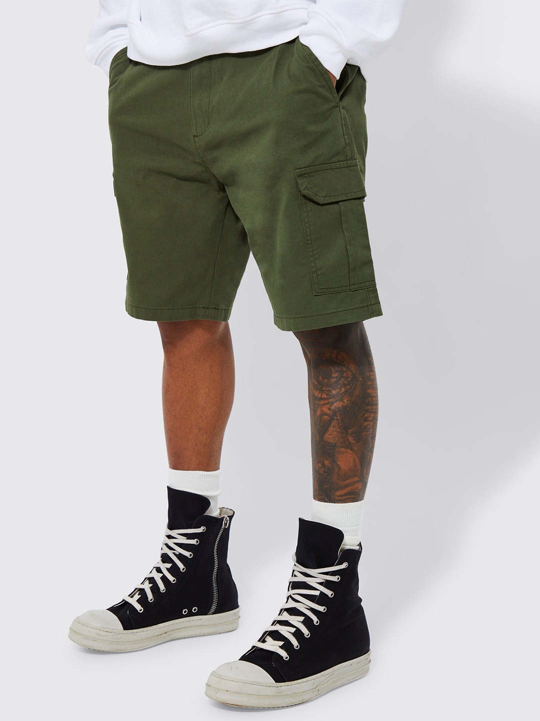 

boohooMAN Relax Fit Denim Cargo Shorts, Olive