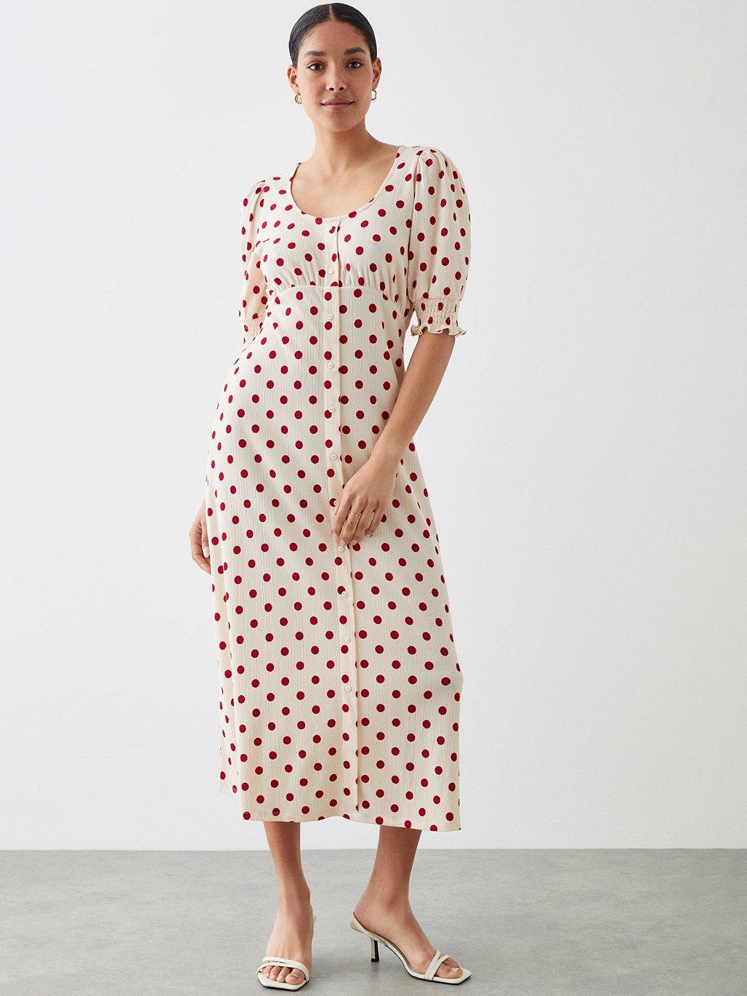 

DOROTHY PERKINS Polka Dot Print Puff Sleeves A-Line Midi Dress, Cream