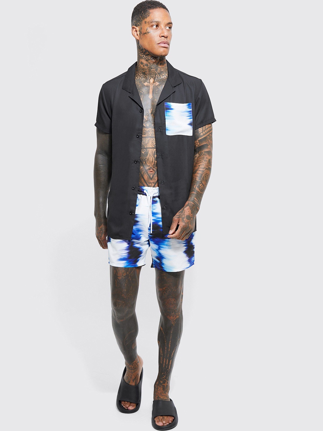 boohooMAN Solid Shirt & Shorts Swim Set, Black