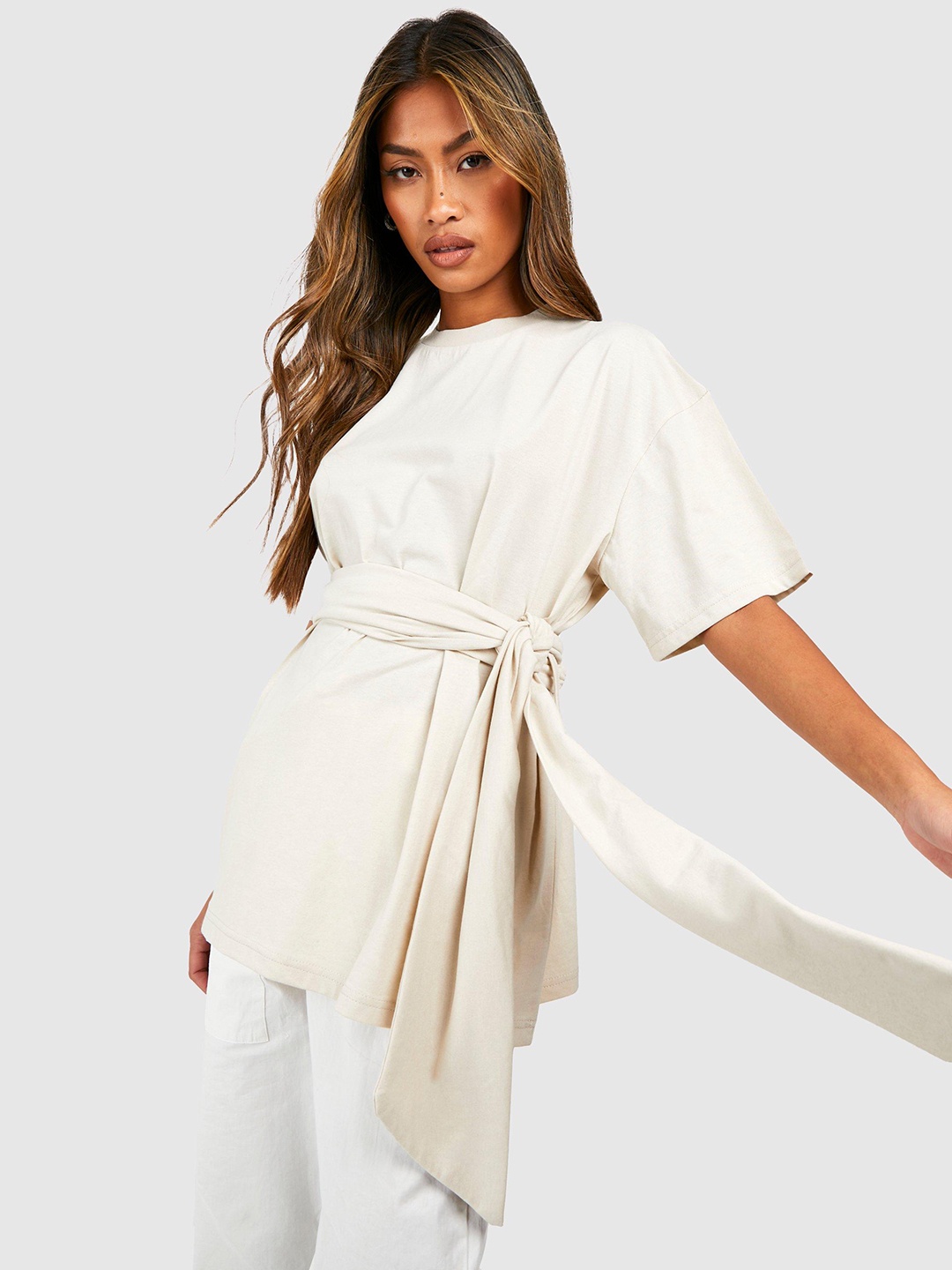 

Boohoo Tie-Up Waist Cotton Top, Beige
