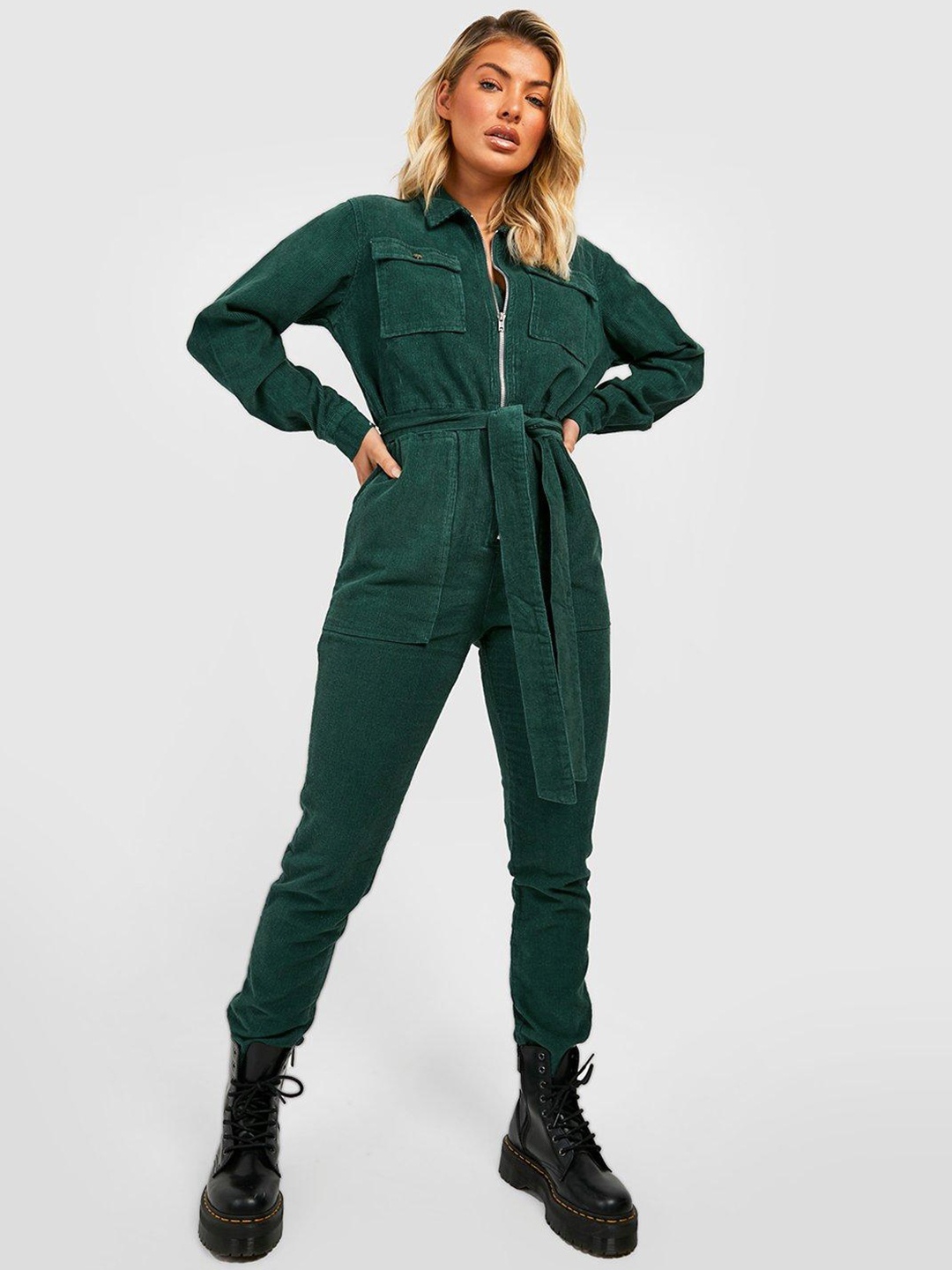 

Boohoo Cotton Corduroy Cargo Jumpsuit with Belt, Green