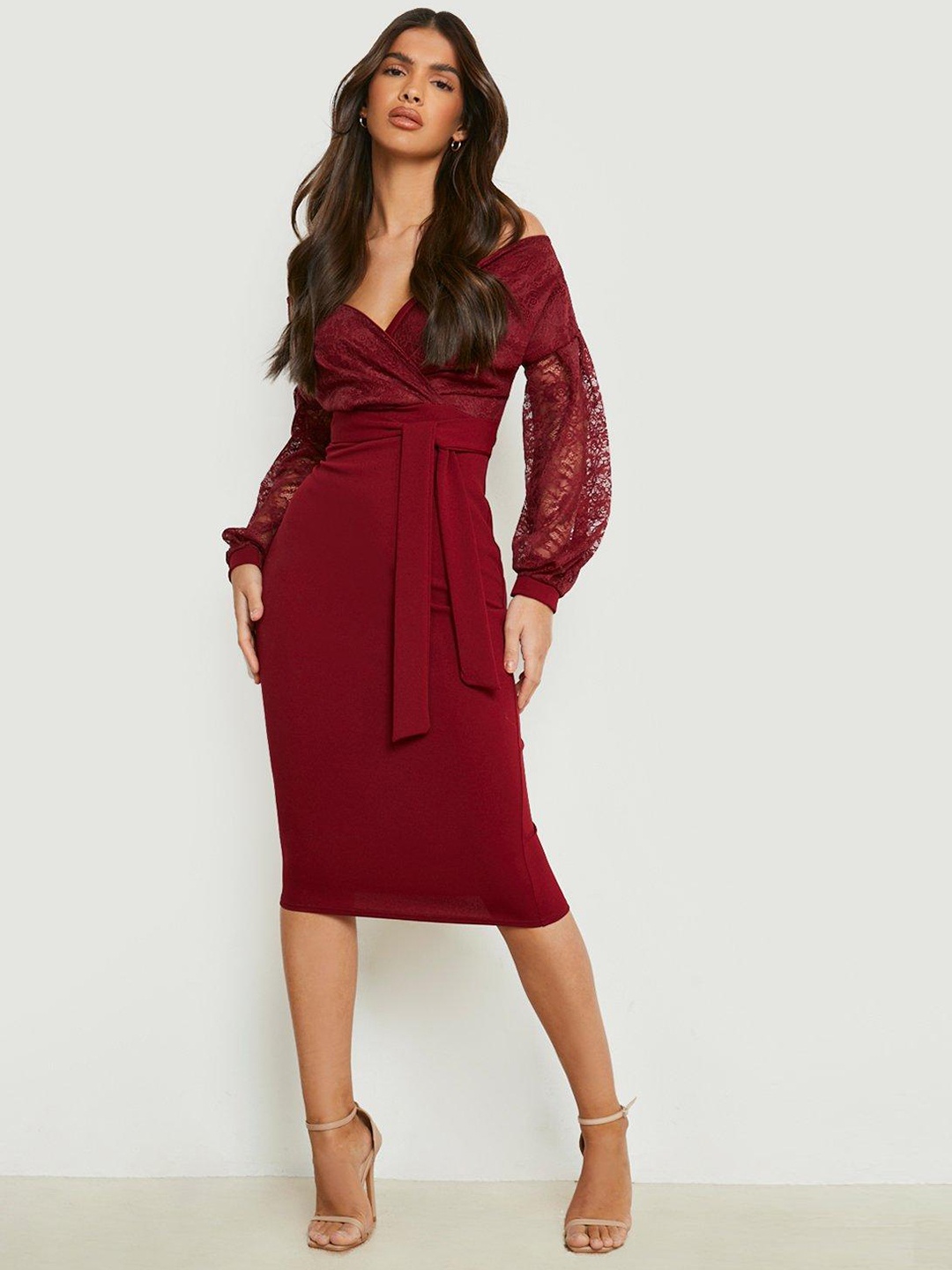 

Boohoo Off-Shoulder Lace Sheath Midi Dress, Maroon
