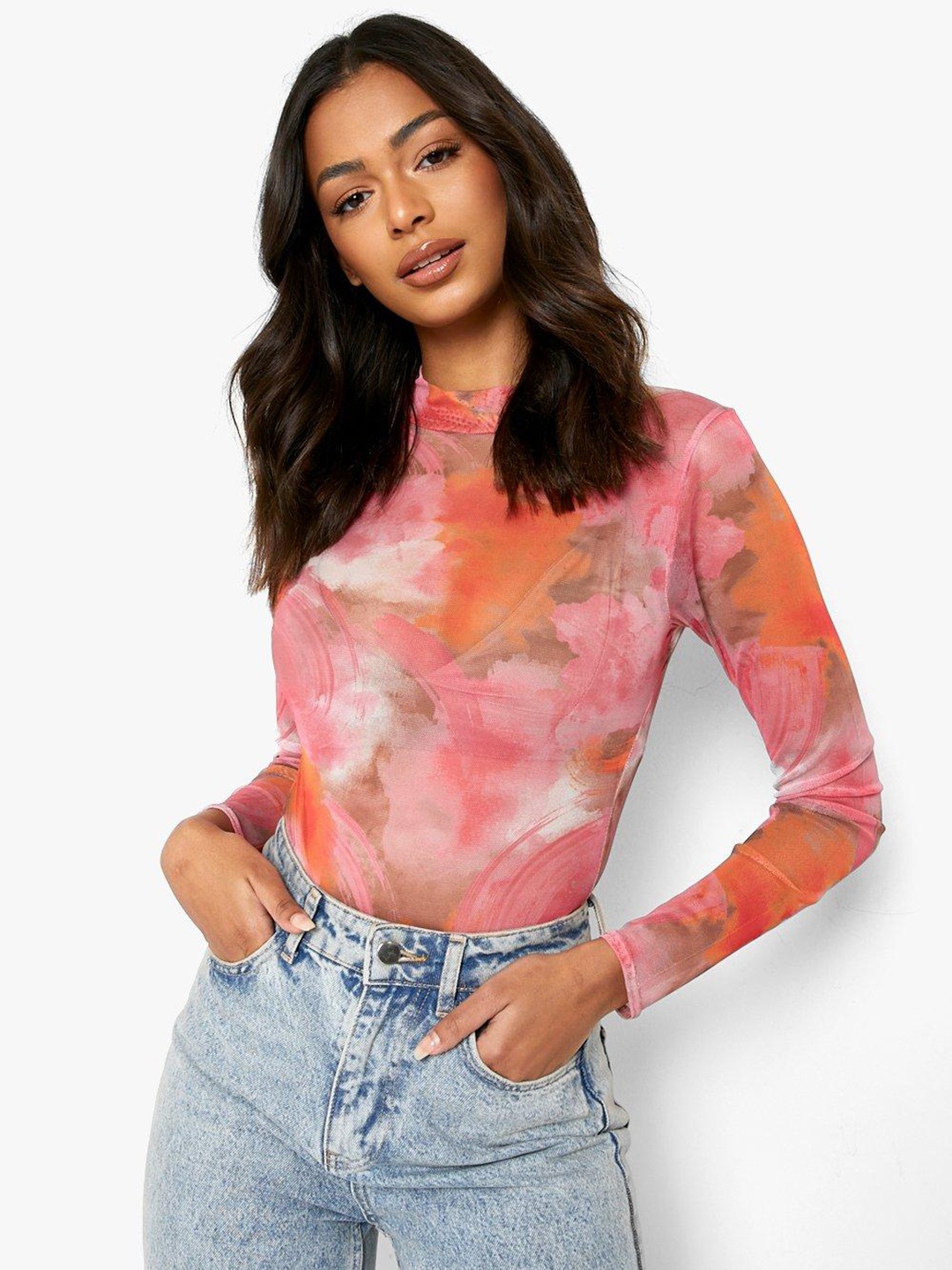 

Boohoo Printed Mesh Sheer Bodysuit, Pink