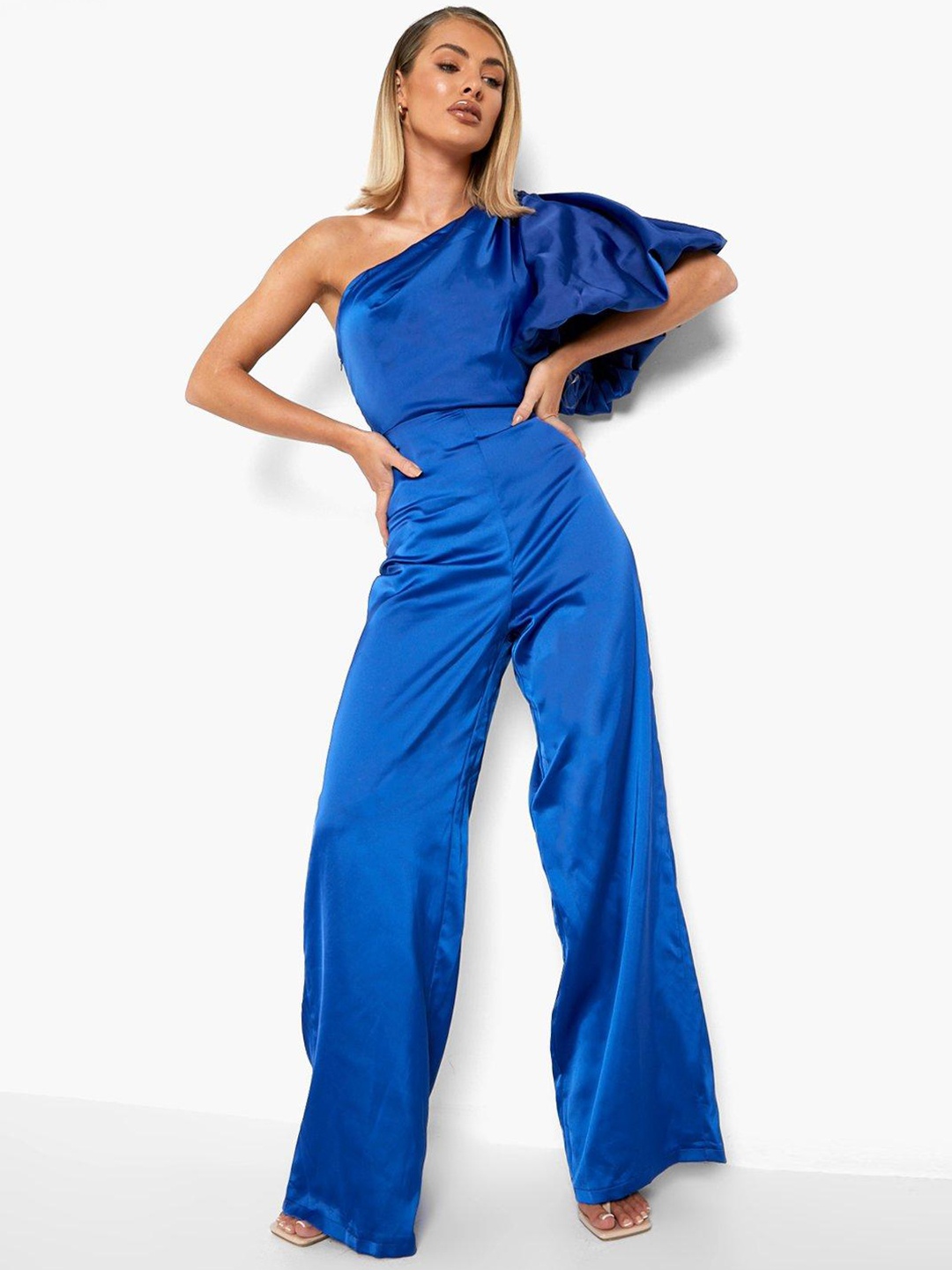 

Boohoo Puff One Shoulder Wide Leg Jumpsuit, Blue