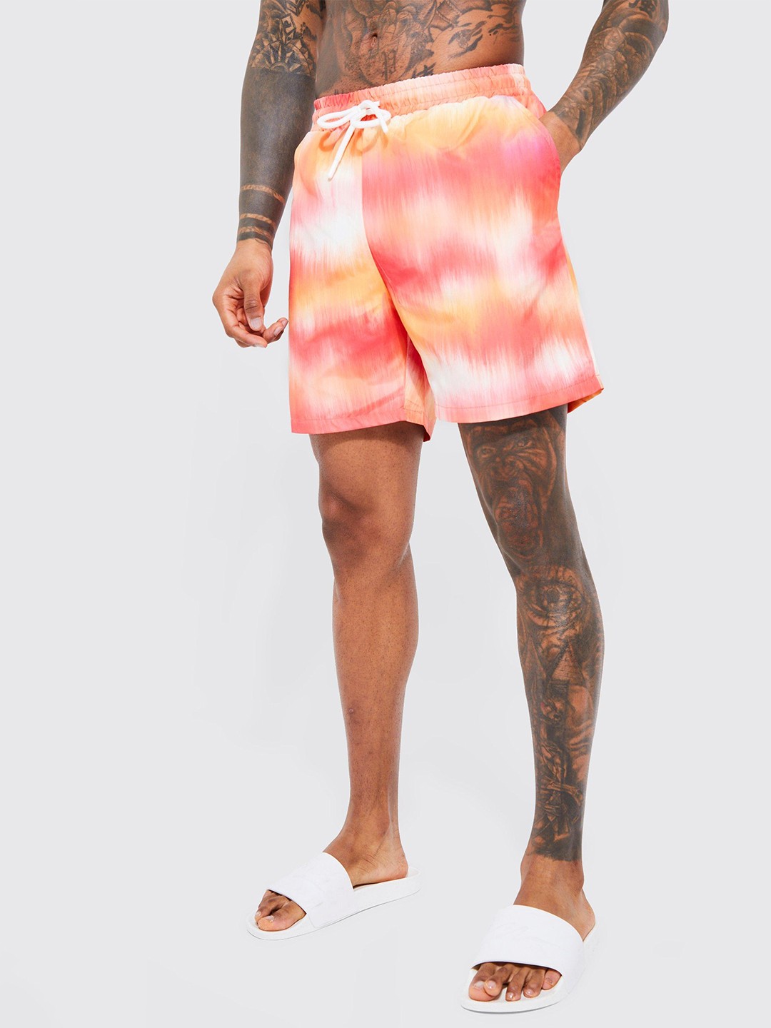 

boohooMAN Ombre Mid Length Swim Shorts, Orange