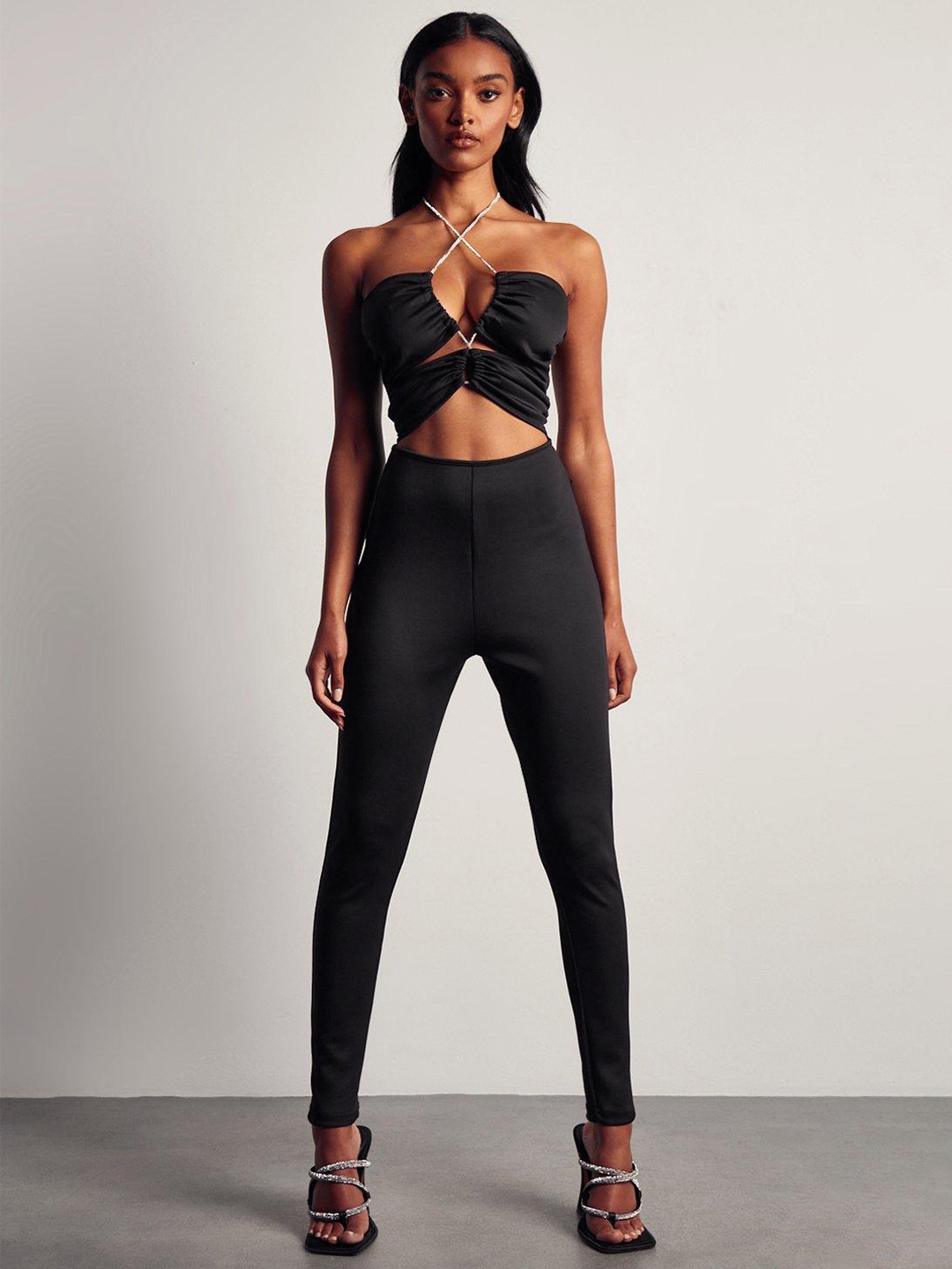 

MISSPAP Embellished Halter Neck Basic Jumpsuit, Black